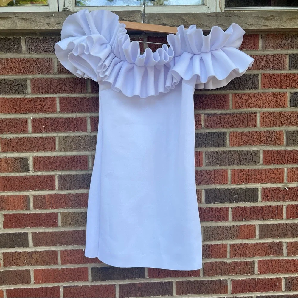 New York & Company White Scuba Knit Ruffle Off the Shoulder Bodycon Mini Dress - Picture 1 of 7
